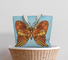 Load image into Gallery viewer, Orange Butterfly with Blue Background Lined Tote Bag