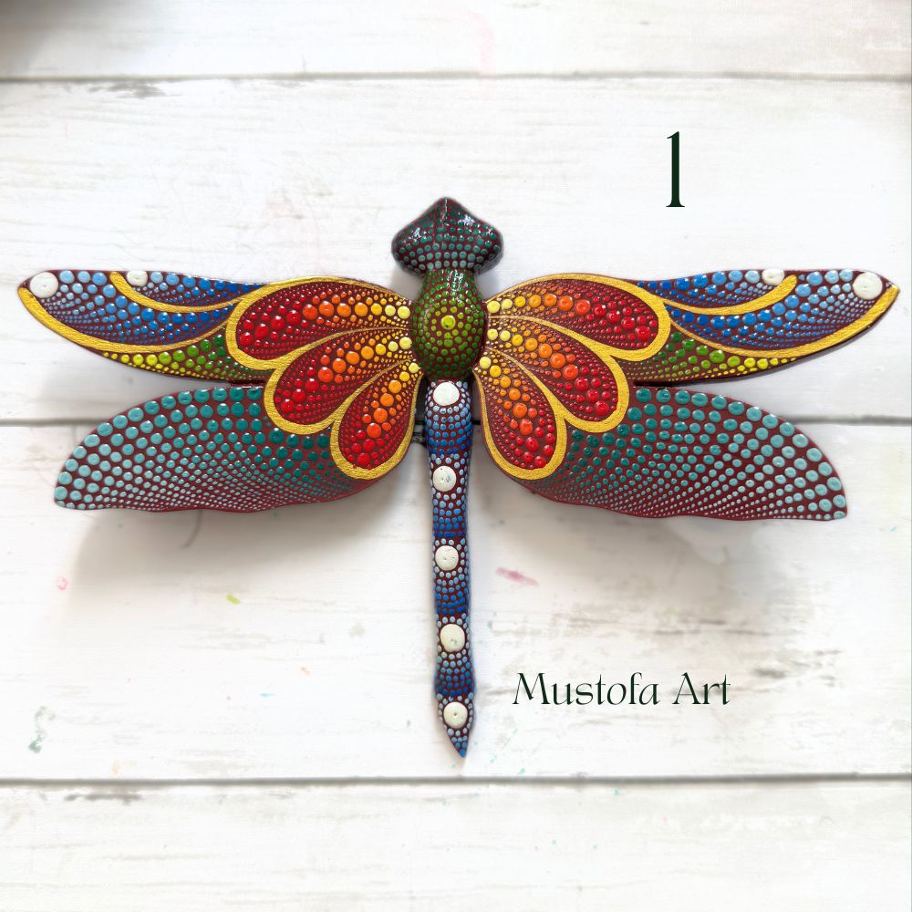 Magical Dragonfly Hand carved and Dot Painted by Mustofa Art Various Options