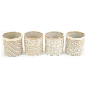 Ceramic Pots with Embossed Design, Tan in 4 styles, 3.5"