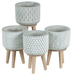 Cement Planter with Tripod Wood Legs - 4 styles, 4.5" H