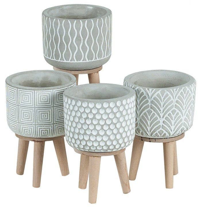 Cement Planter with Tripod Wood Legs - 4 styles, 4.5